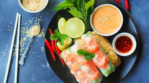 Fresh summer rolls with shrimp and vetgetables,Vietnamese food for healthy food concept.